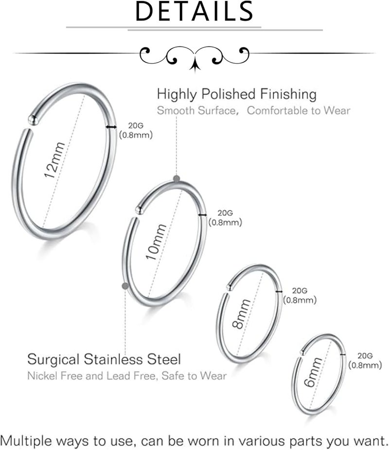FECTAS Nose Rings Hoops Surgical Steel 18g 20g Gauge 6mm 8mm 10mm 12mm Earrings Piercing Hoops Jewelry for Men Women - Image 2